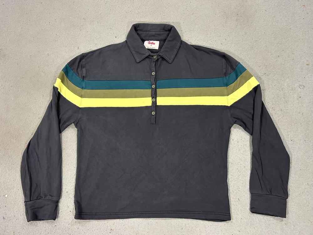 Birdie Polo Shirt Mens Medium Charcoal Gray Long Sleeve Rugby Striped Made USA